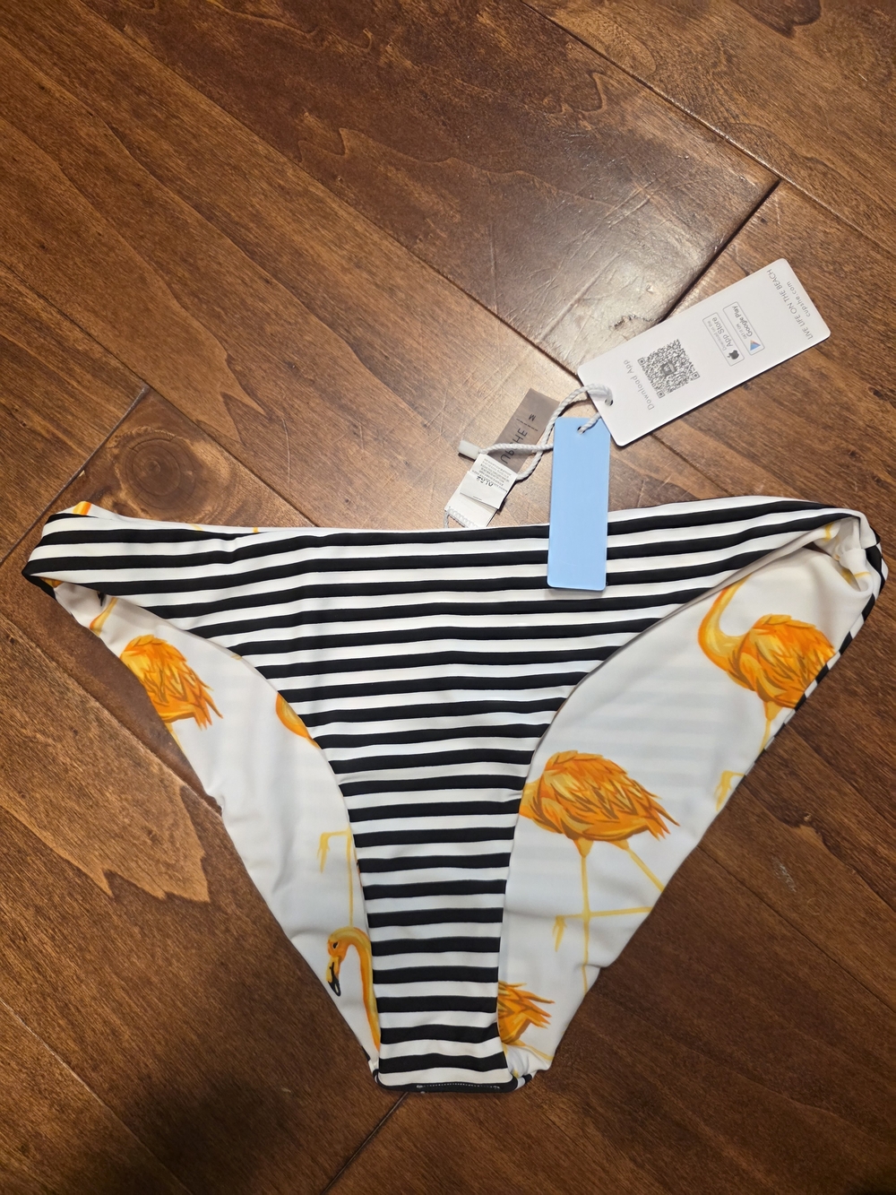 Cupshe Black White Striped Bikini Bottom Reversible Orange Flamingo Medium NWT
